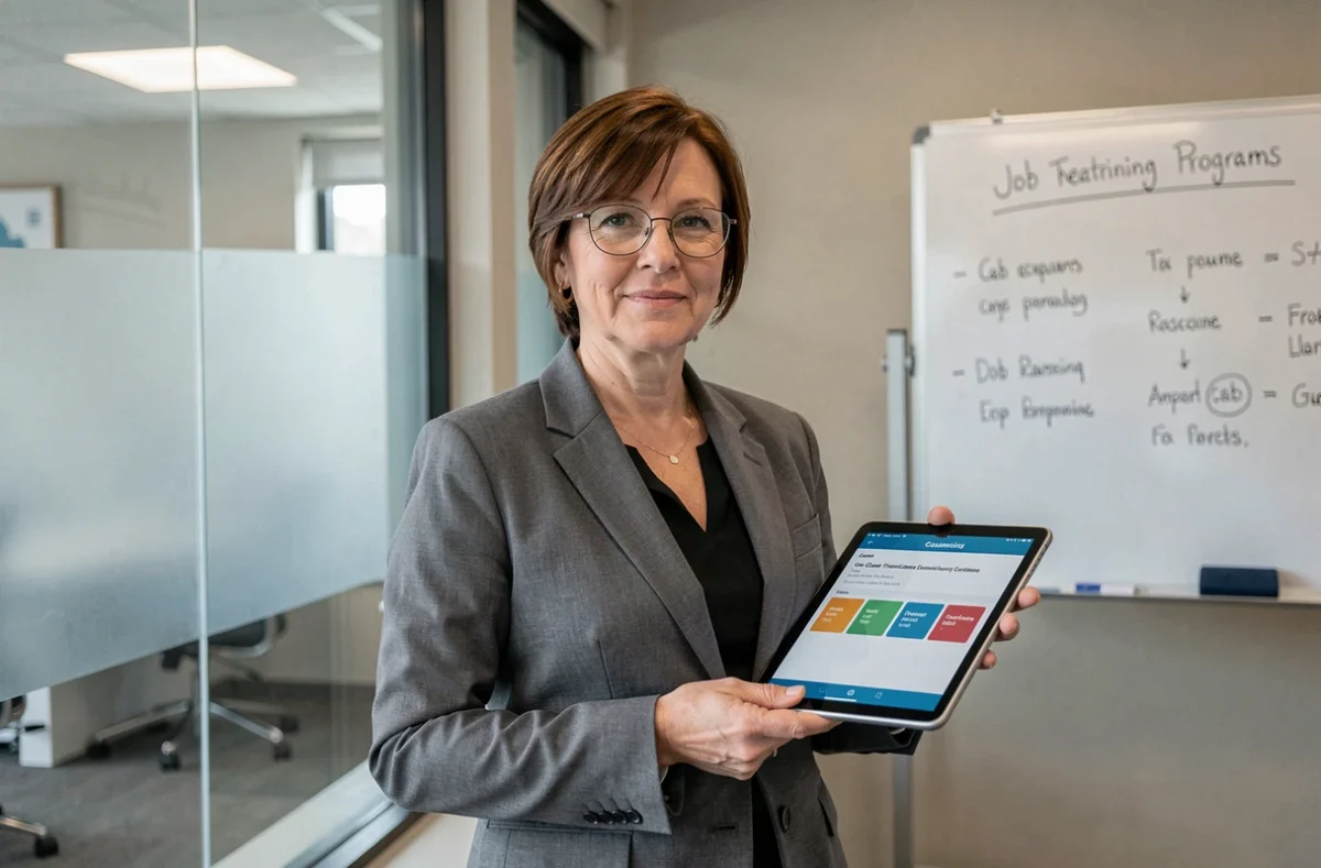 Femme de 56 ans en reconversion professionnelle consultant un plan de transition de carrière dans un centre d'orientation