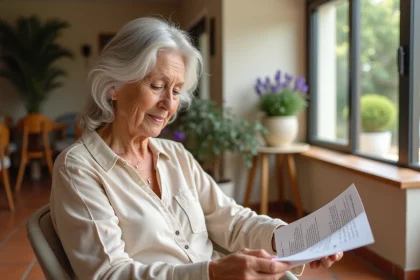 Femme senior feuilletant une brochure de résidence seniors à Nîmes dans un salon commun chaleureux