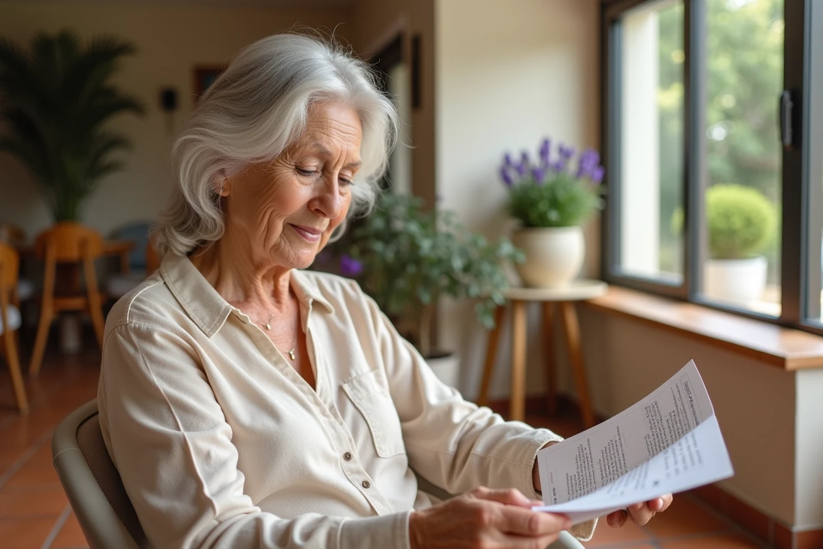 Femme senior feuilletant une brochure de résidence seniors à Nîmes dans un salon commun chaleureux