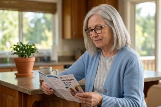 Femme senior lisant une brochure d'assurance santé dans une cuisine lumineuse
