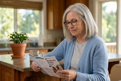 Femme senior lisant une brochure d'assurance santé dans une cuisine lumineuse