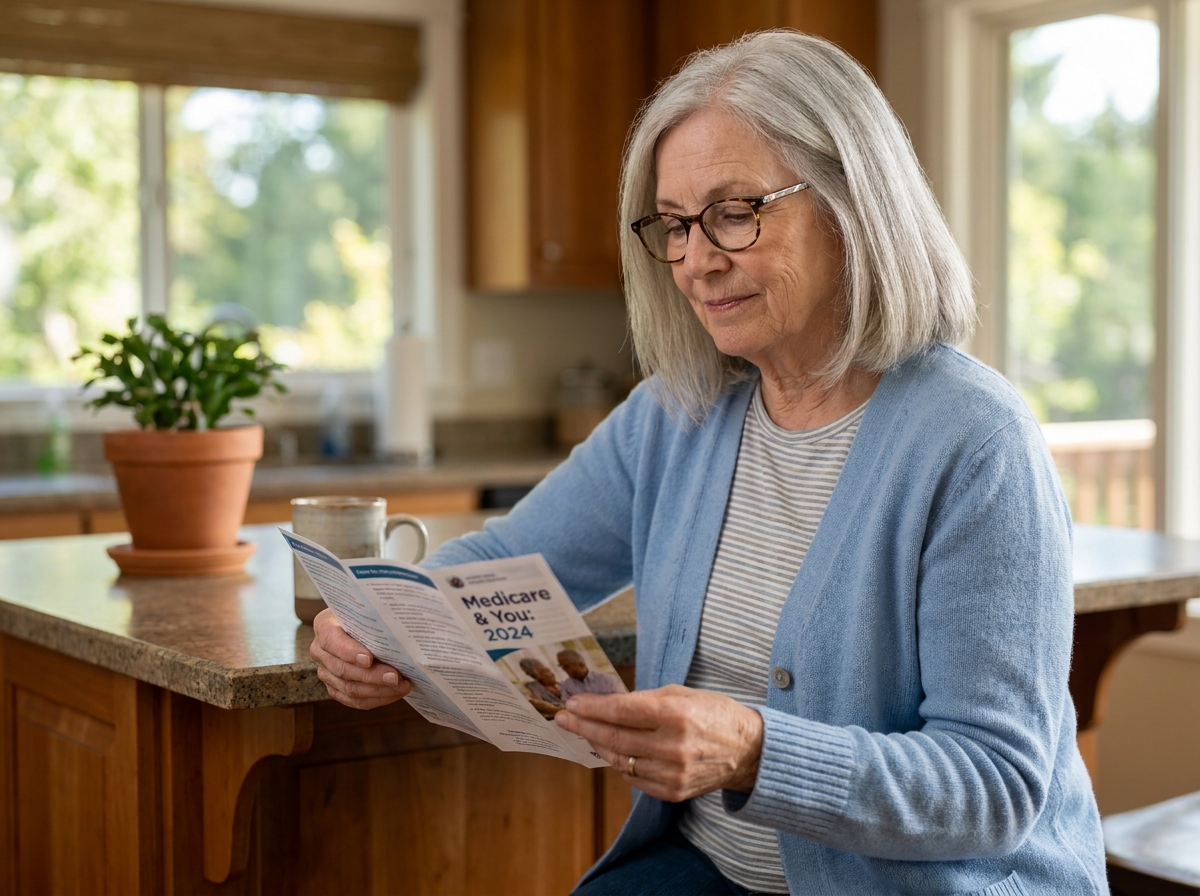 Femme senior lisant une brochure d'assurance santé dans une cuisine lumineuse