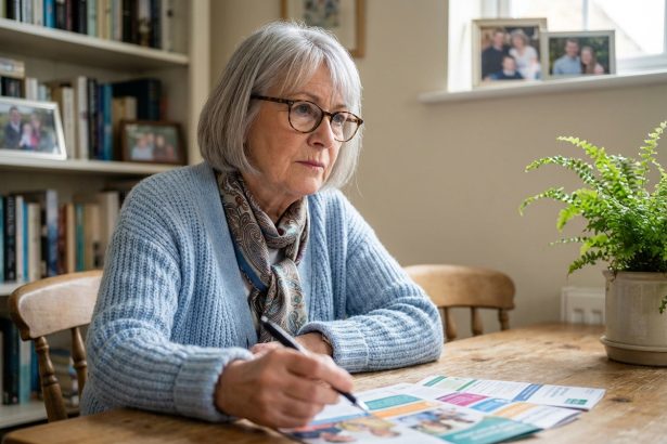 Femme senior réfléchissant à une assurance santé à la maison