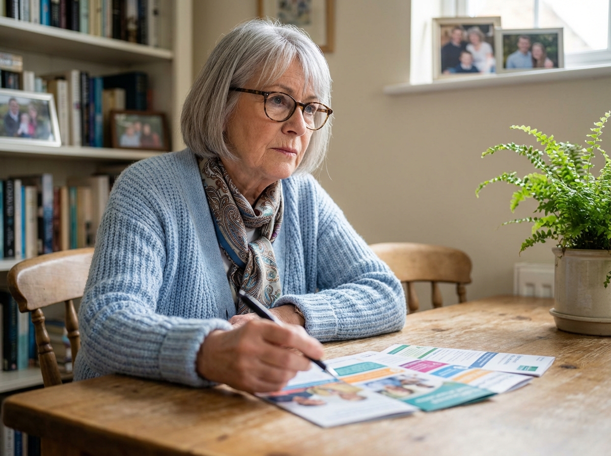 Femme senior réfléchissant à une assurance santé à la maison