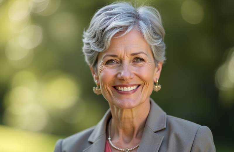 Femme senior souriante en plein air avec appareil photo