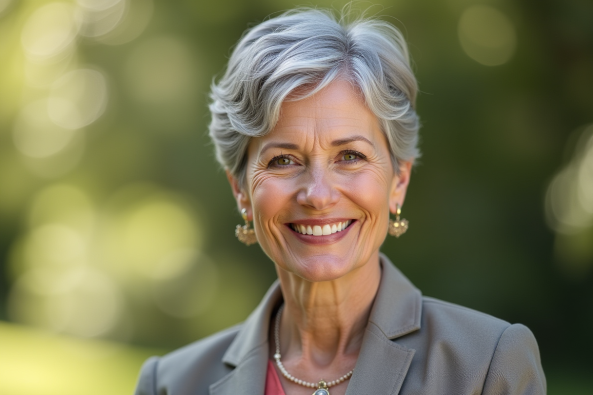 Femme senior souriante en plein air avec appareil photo
