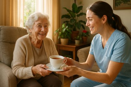 Femme senior souriante dans son salon chaleureux
