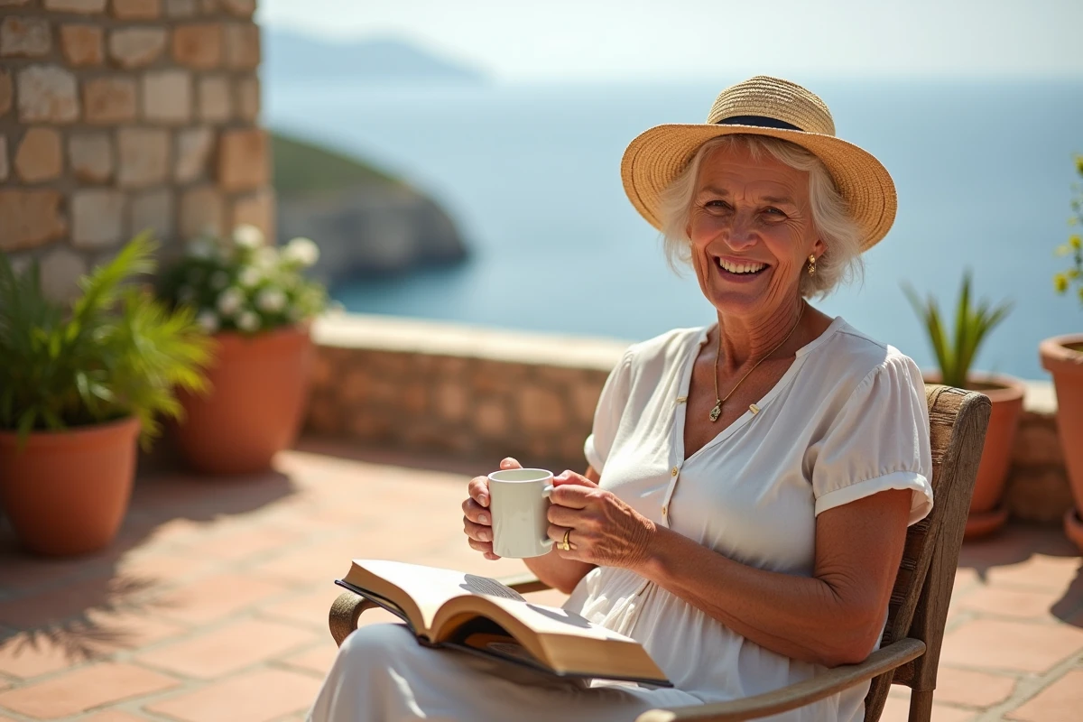 Femme senior souriante sur terrasse méditerranéenne