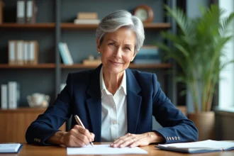 Femme signant une lettre de démission dans un bureau moderne