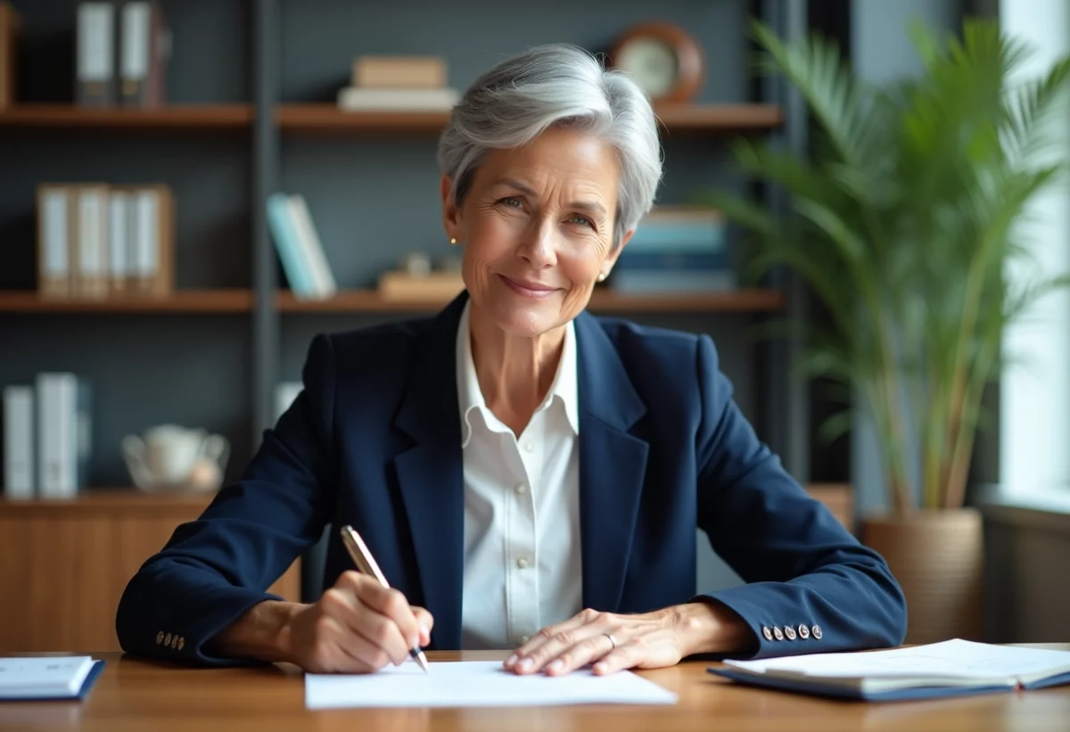 Femme signant une lettre de démission dans un bureau moderne
