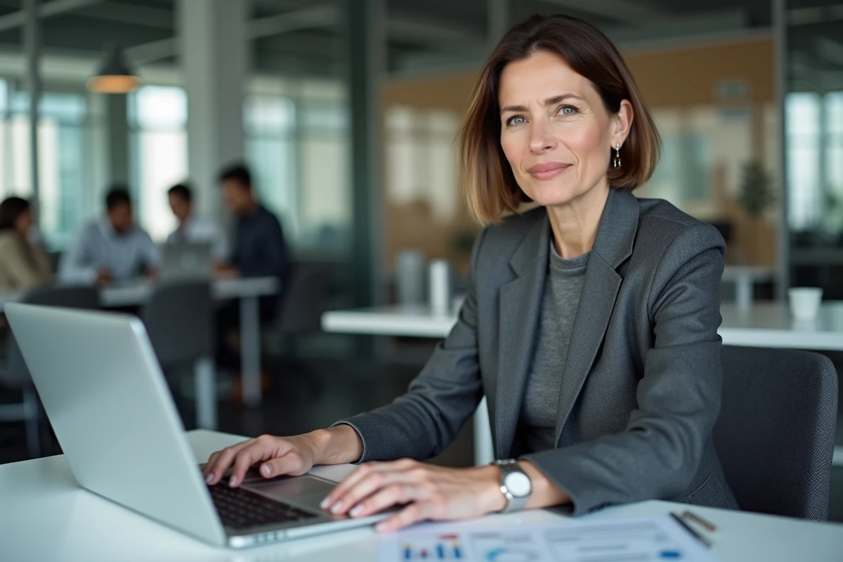 Femme active simulant le calcul de sa retraite complémentaire Agirc Arrco sur ordinateur au bureau
