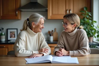 Femme d'âge moyen discutant avec une professionnelle de santé à la maison