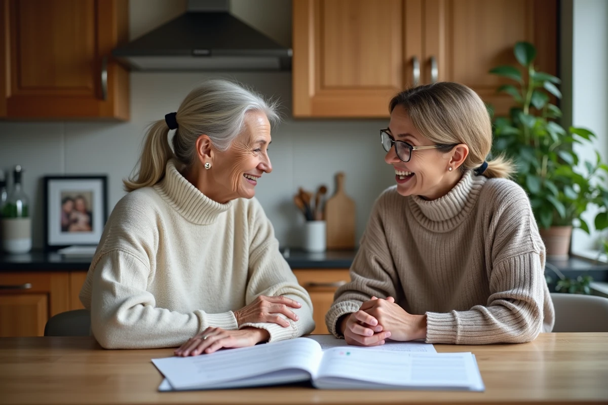 Femme d'âge moyen discutant avec une professionnelle de santé à la maison