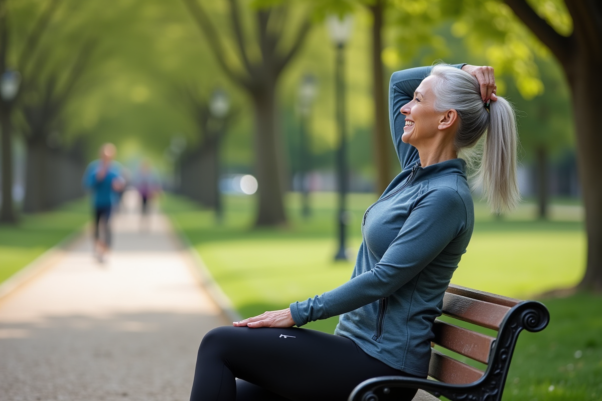 Femme senior souriante s’étirant sur un banc dans un parc