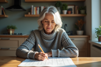 Femme d'âge moyen jouant au sudoku dans une cuisine lumineuse