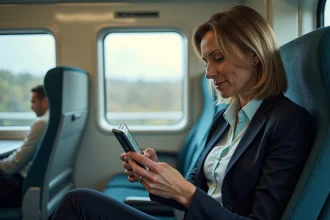 Femme d'affaires utilisant son smartphone dans un train lumineux