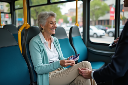 Femme souriante montrant son titre de transport gratuit à un conducteur dans une station urbaine