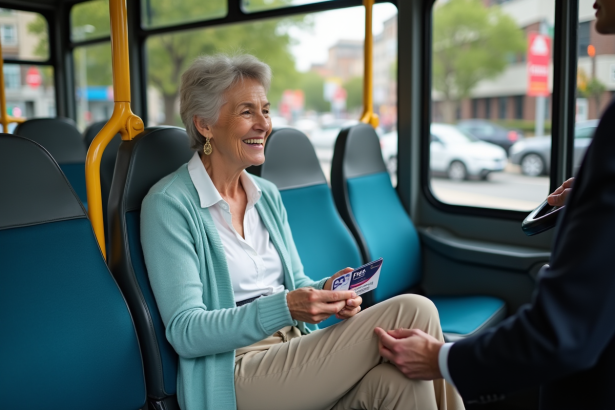 Femme souriante montrant son titre de transport gratuit à un conducteur dans une station urbaine