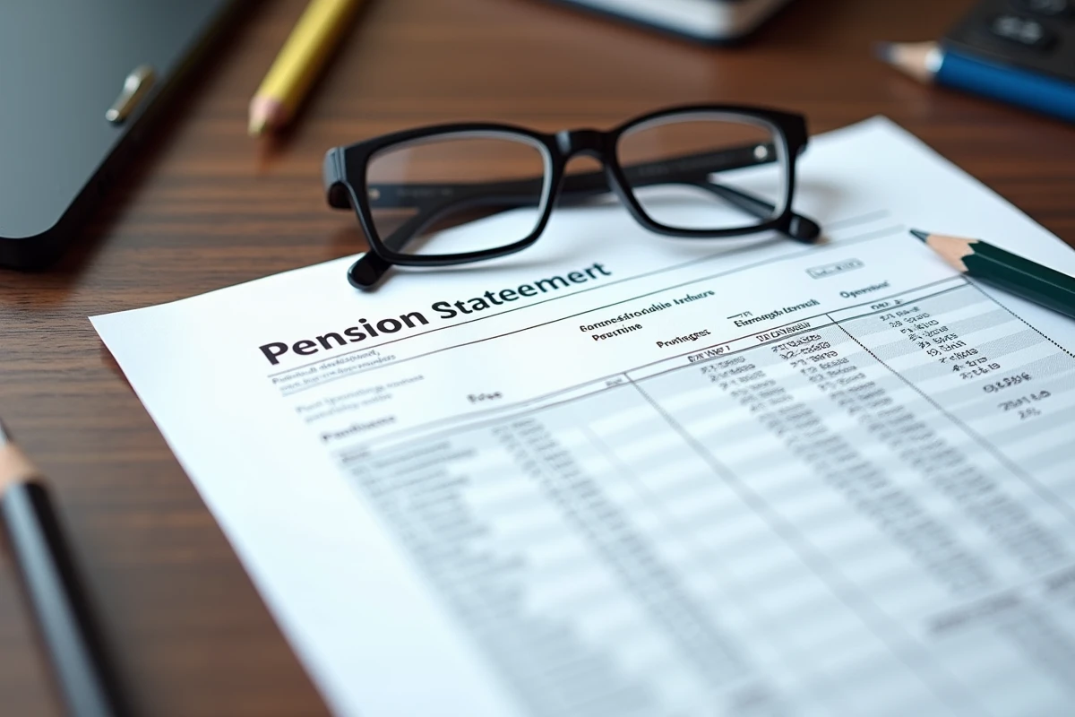 Fiche de pension militaire annotée posée sur un bureau en bois avec lunettes de lecture et crayon