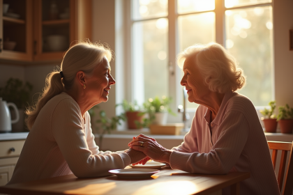 Fille adulte tenant la main de sa mère âgée à la cuisine