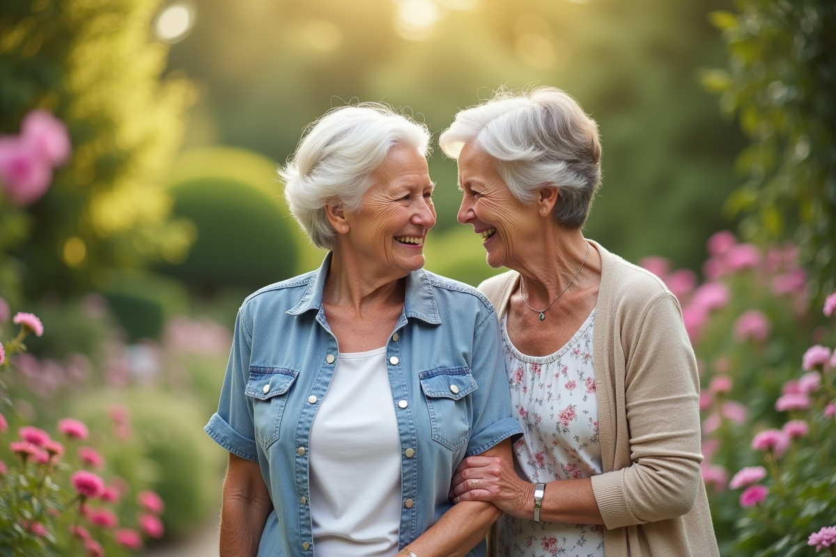 Fille et mère senior se promenant dans un jardin fleuri