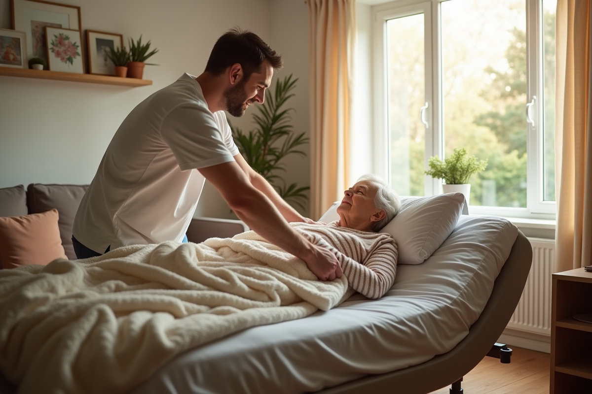 Fils aidant sa mère dans un lit confortable à la maison