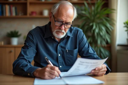 Gendarme retraité étudiant sa fiche de pension à domicile, lunettes sur le nez et stylo en main