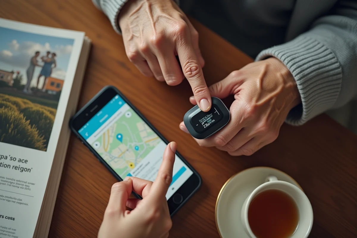 Gros plan sur un bracelet GPS de géolocalisation porté par une personne âgée et une application de suivi sur smartphone pour les malades d'Alzheimer