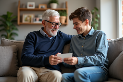 Grand-pere et petit-fils souriants échangeant une enveloppe chaleureusement