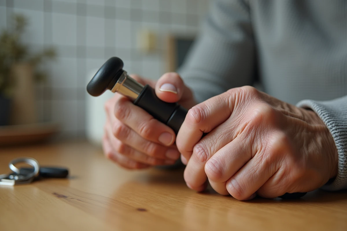 Gros plan sur des mains de senior tenant une canne pliable compacte, détail du mécanisme de pliage pratique