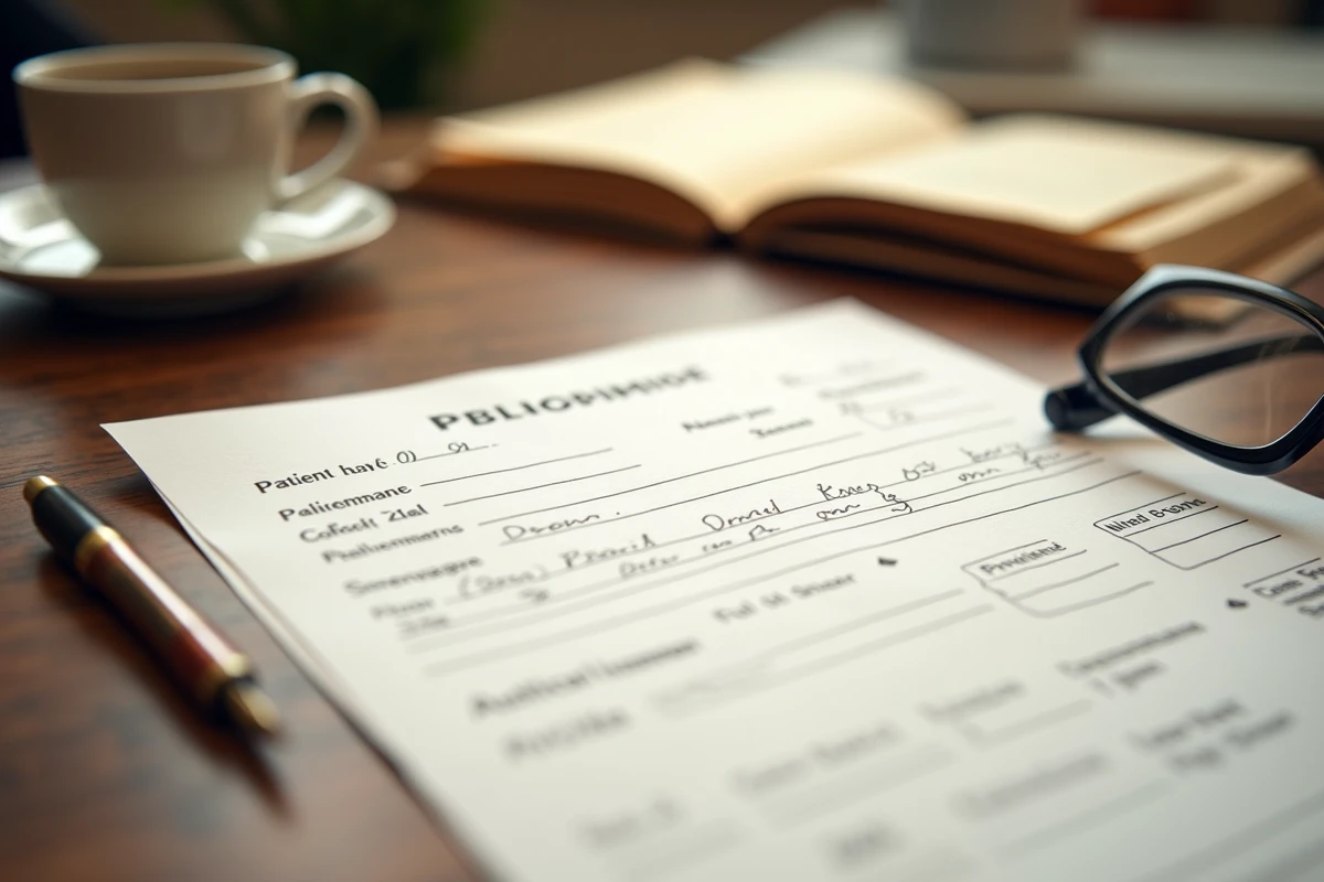 Gros plan sur une ordonnance médicale manuscrite posée sur un bureau de médecin retraité avec stylo plume et dossier patient