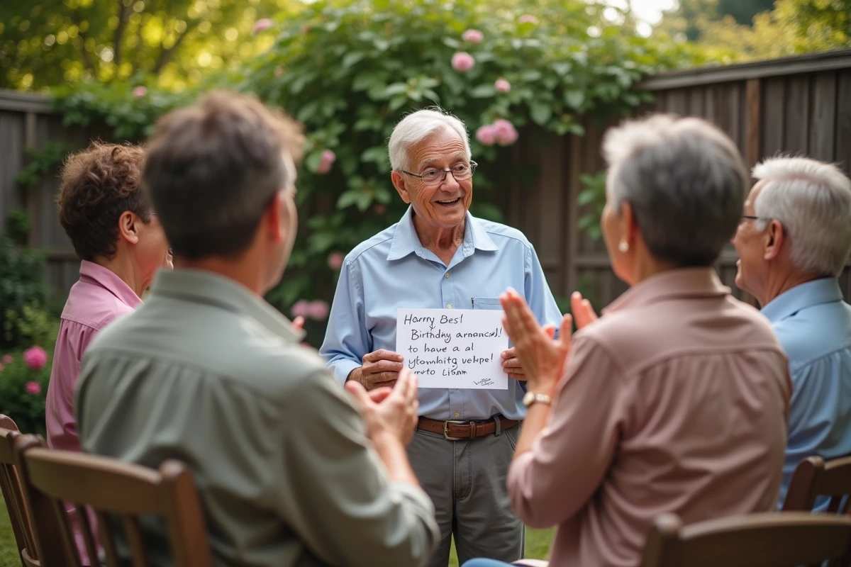 Groupe d amis souriants lors d une fête d anniversaire en plein air