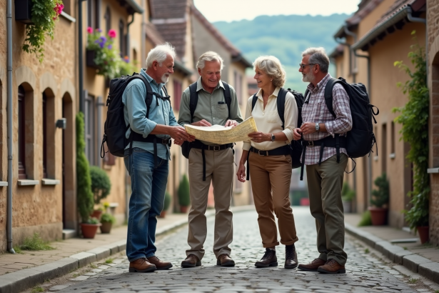 Groupe de voyageurs souriants devant un village français