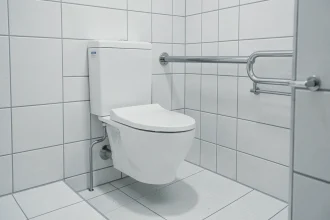 Salle de bain PMR avec barre d'appui WC installée à la hauteur réglementaire de 80 cm du sol