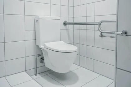 Salle de bain PMR avec barre d'appui WC installée à la hauteur réglementaire de 80 cm du sol