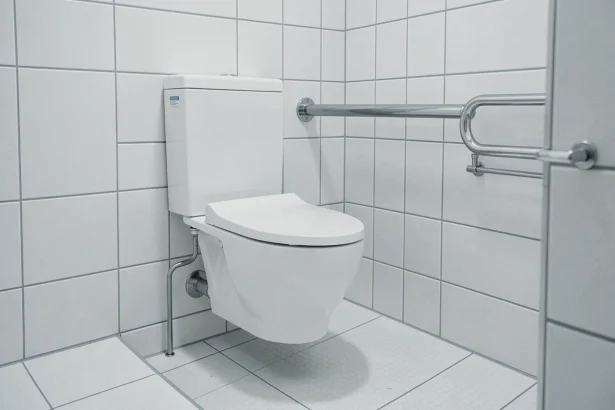 Salle de bain PMR avec barre d'appui WC installée à la hauteur réglementaire de 80 cm du sol