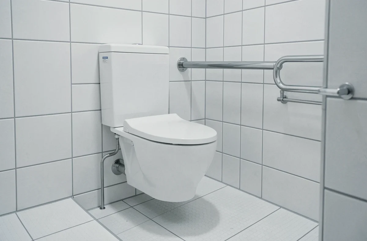 Salle de bain PMR avec barre d'appui WC installée à la hauteur réglementaire de 80 cm du sol
