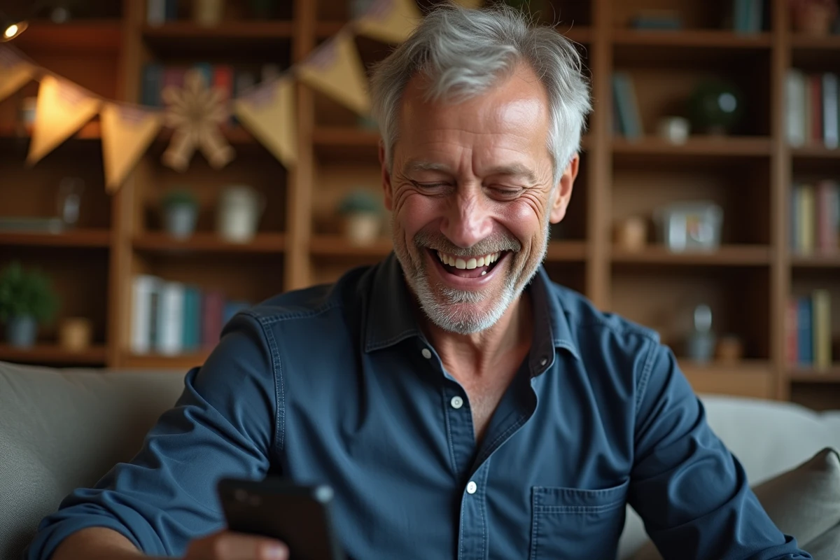 Homme de 60 ans souriant en lisant un SMS d'anniversaire humoristique sur son smartphone dans un salon chaleureux