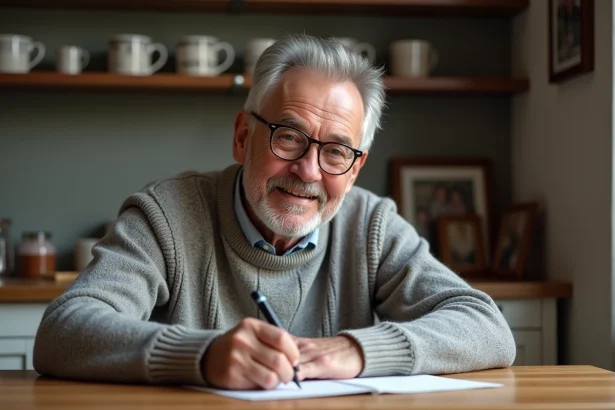 Homme de 70 ans écrivant une carte d anniversaire chaleureusement