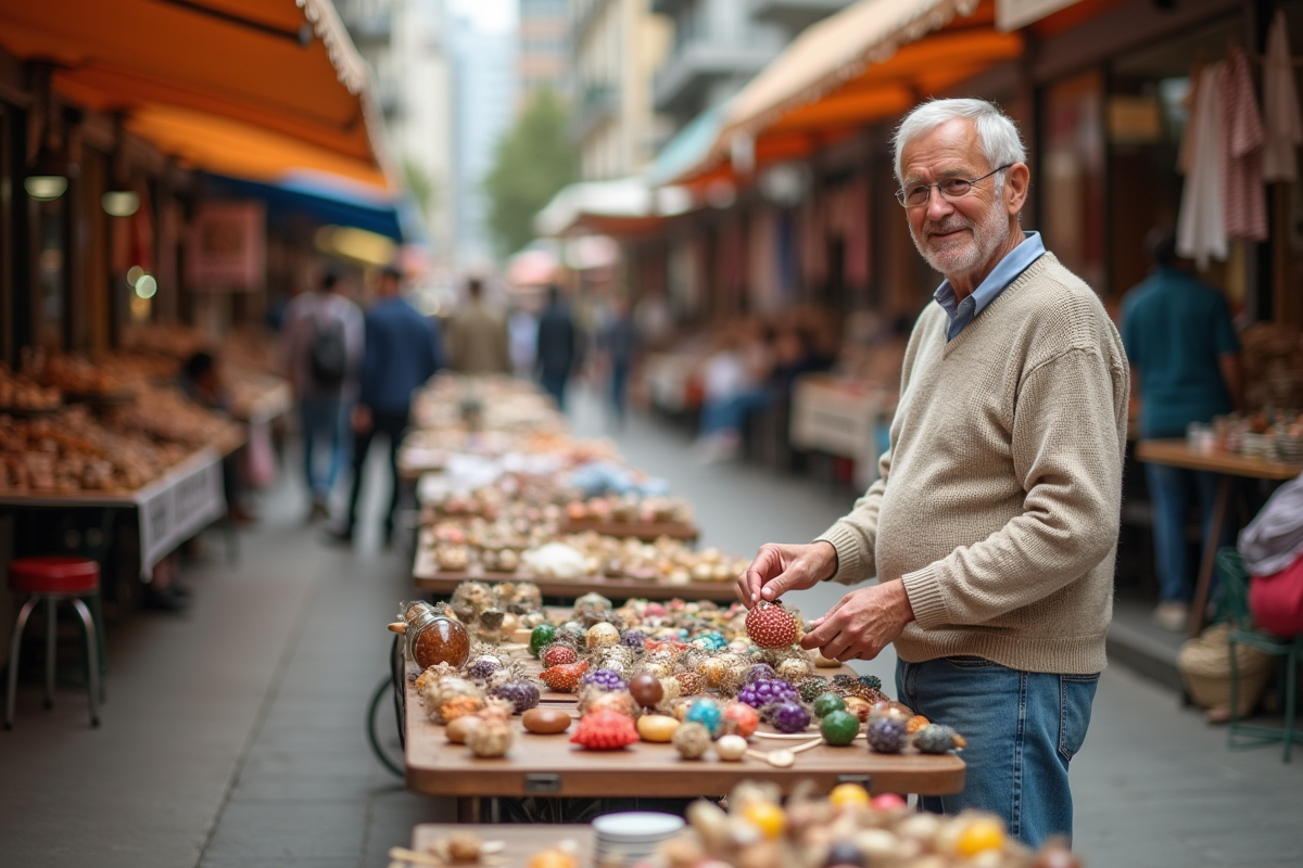 Homme d age actif vendant ses créations au marché