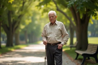Homme âgé qui déplie une canne pliable dans un parc, solution pratique pour les seniors en sortie
