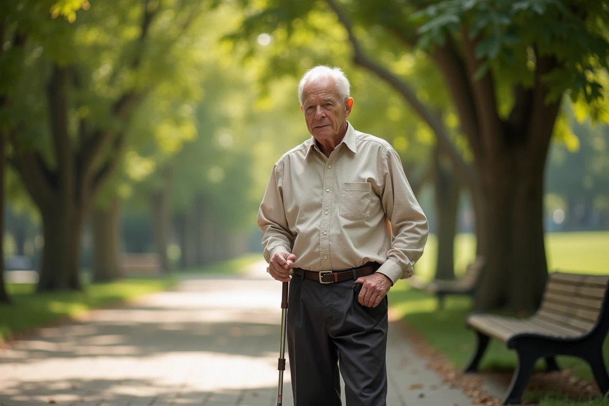 Homme âgé qui déplie une canne pliable dans un parc, solution pratique pour les seniors en sortie