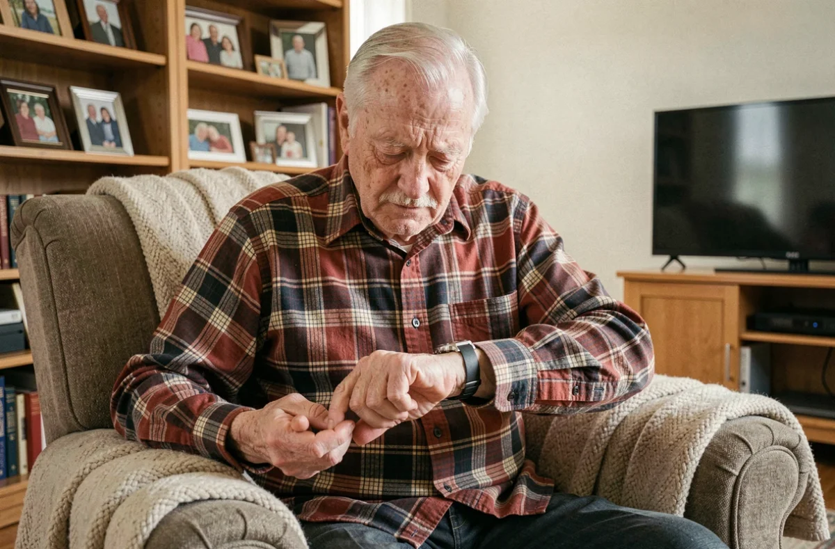 Homme âgé essayant difficilement d'appuyer sur le bouton d'une montre pour senior dans un salon confortable