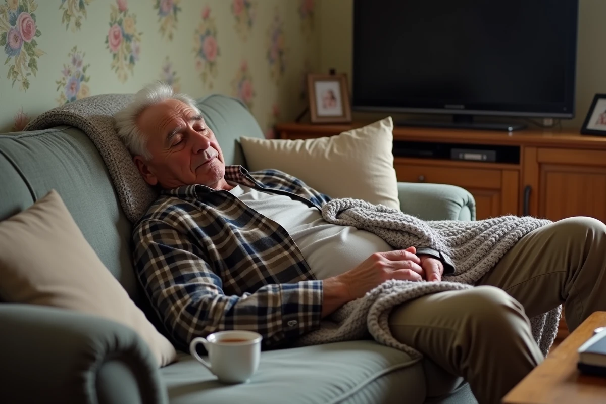 Homme âgé qui dort beaucoup pendant la journée sur un canapé, sieste prolongée et somnolence chez le senior