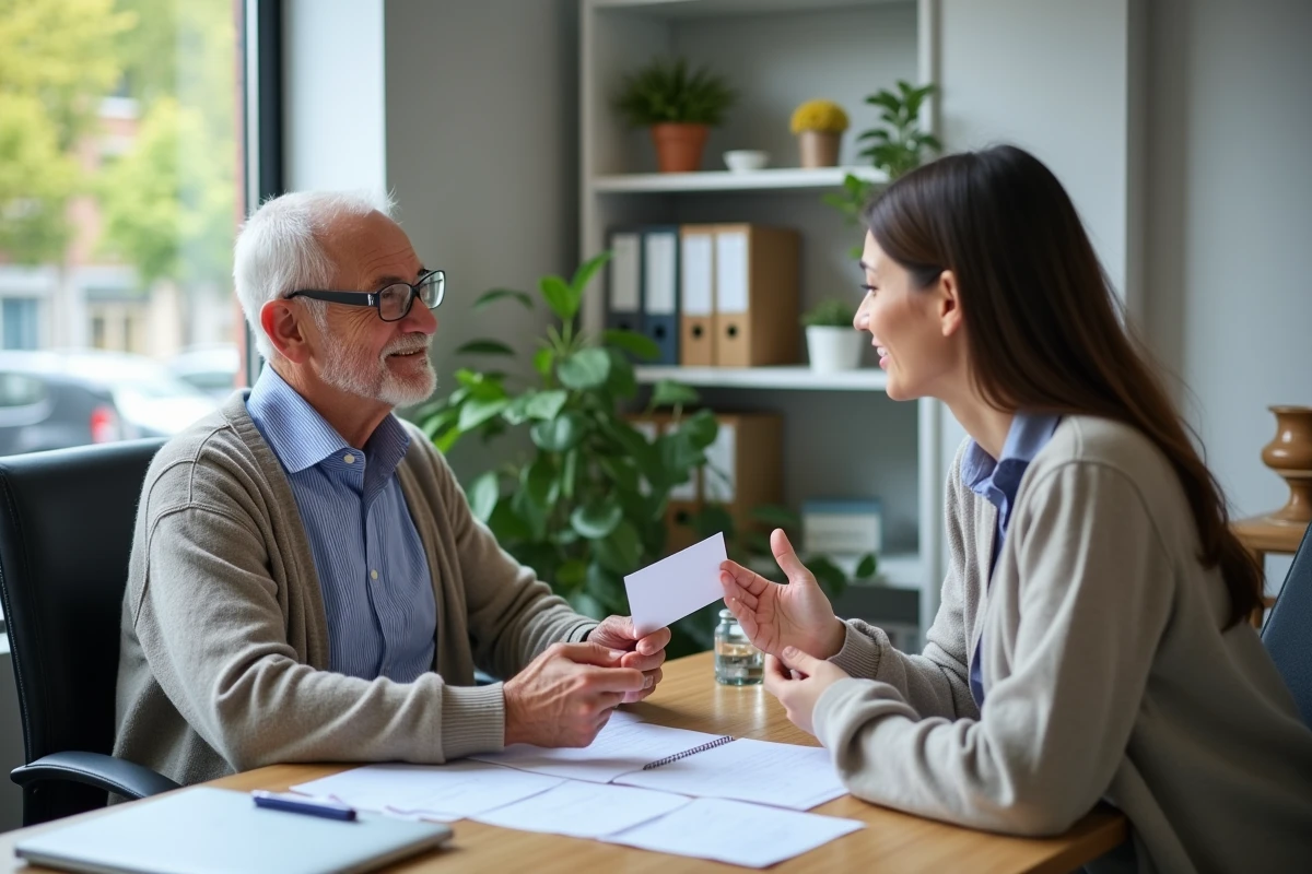 Homme âgé parlant avec une assistante sociale dans un bureau moderne