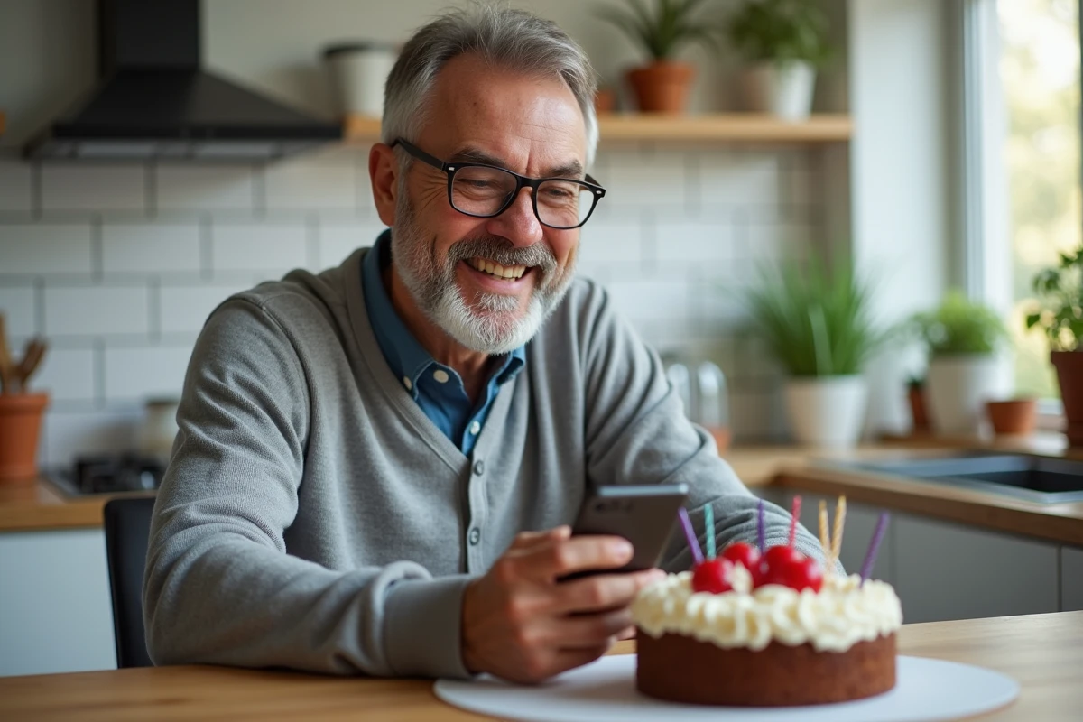 Homme de 60 ans avec barbe et lunettes souriant devant un gâteau d'anniversaire en lisant un message SMS drôle