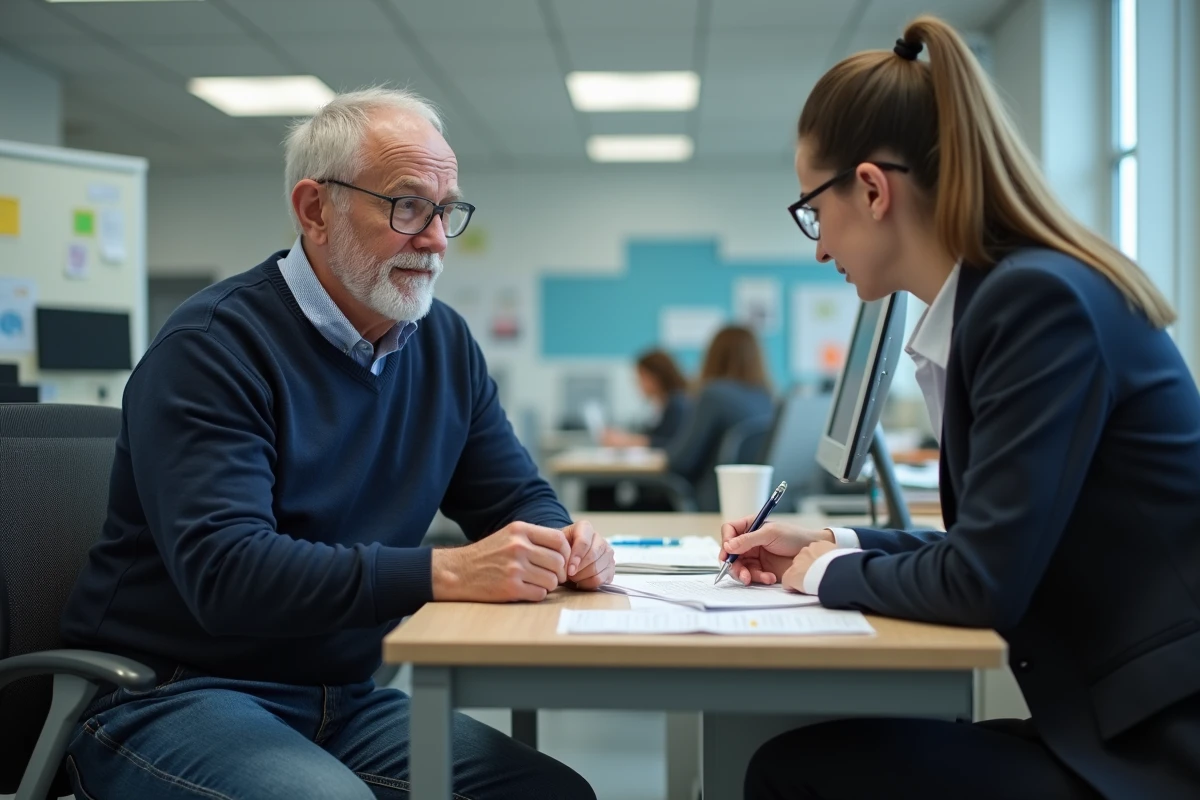 Homme en jeans consulte un agent administratif au bureau