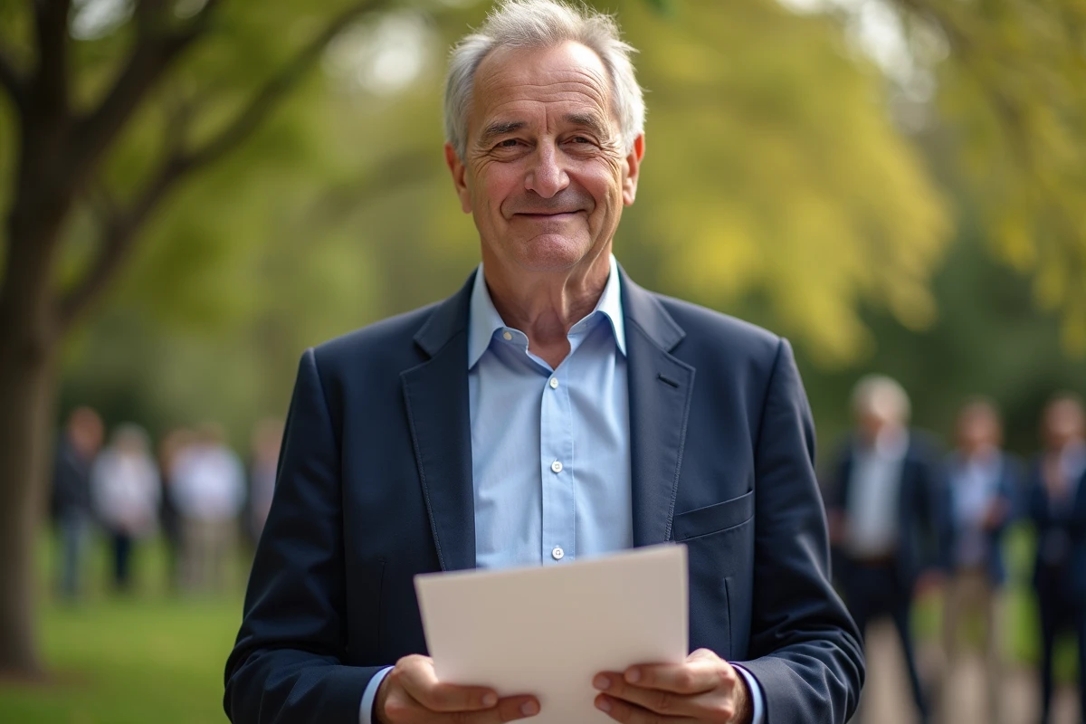 Homme tenant un discours de retraite en extérieur