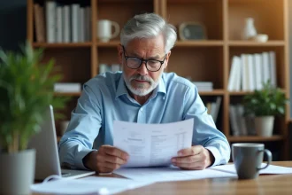 Homme de 55 ans examinant des documents de retraite à son bureau, illustrant les démarches liées au plafond de revenus pour la retraite