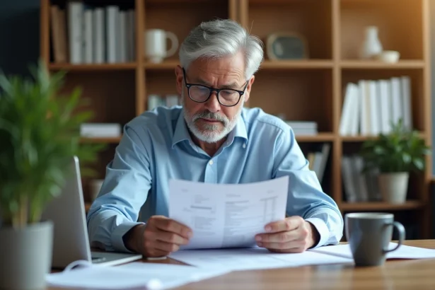Homme de 55 ans examinant des documents de retraite à son bureau, illustrant les démarches liées au plafond de revenus pour la retraite